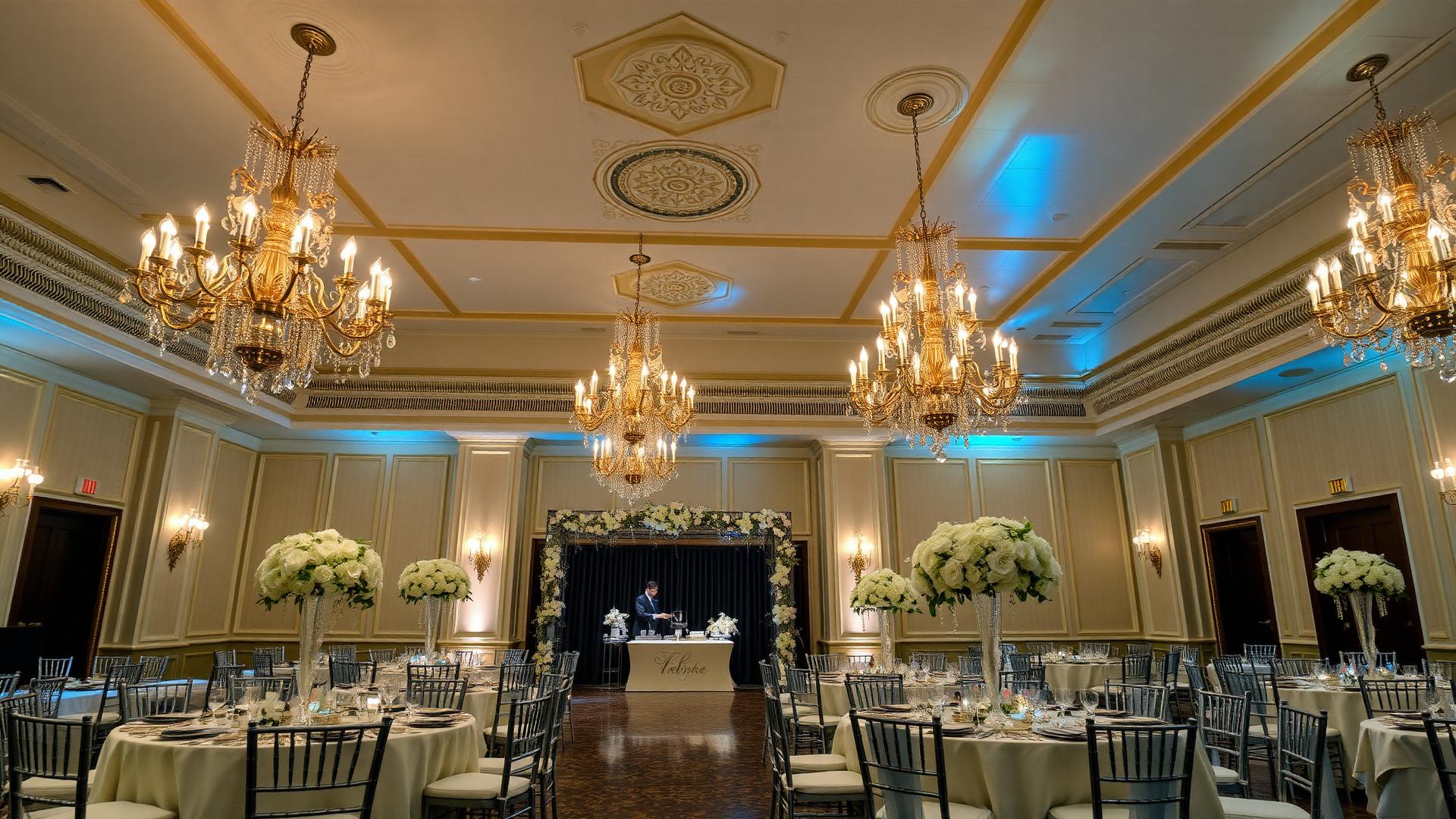Salão de eventos elegante com lustres e decoração floral